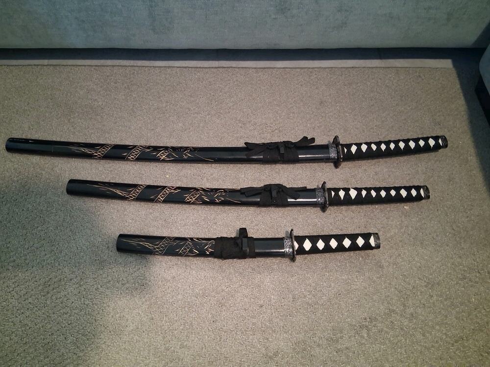 Samurai Resurrection Japanese Katana Sword Set of 3 Katana Wakizashi Tanto Black